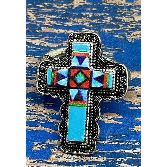 TANIE Jewelry - Southwest Cross Silver Turquoise Red Black Stretch